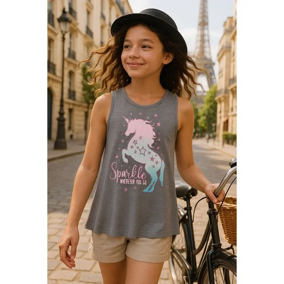 Girls Unicorn Sparkle Tank Top XL 14-16 Gray Racerback Sleeveless Shirt - Picture 8 of 8